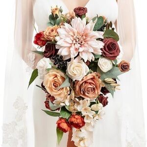 Terracotta Bridal Bouquet Cascading, for Bride, 13” Bouquet, Artificial Flowers